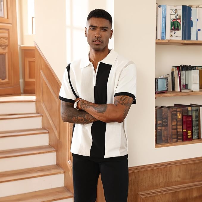 Men's Fashion Polo Shirts Vintage Striped Knitting Slim Fit Golf Shirts view 3