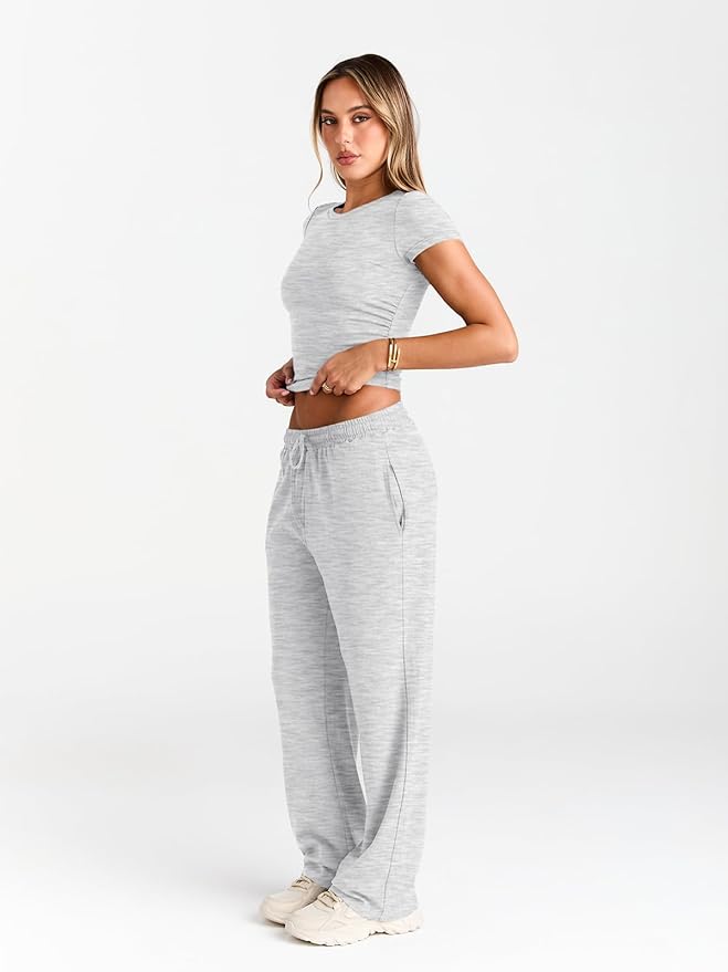 Matching Summer Sweatsuit Lounge Set Womens Wide Leg Pants Side Ruching Crop Top Sets view 3