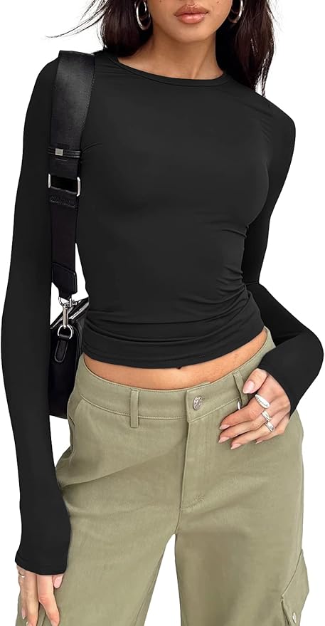 Womens Long Sleeve Shirts Fall Fashion 2025 Basic Crop Tops Going Out Workout Outfits Y2k Clothes